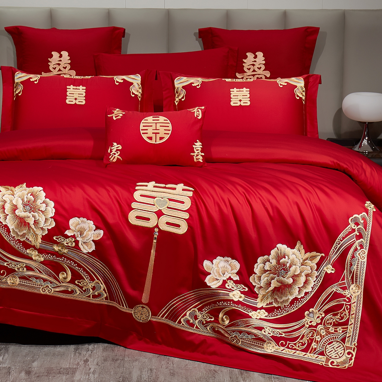 91家纺网 家纺一手货源 找家纺 浩情国际婚庆供货中心 2026新款100%全棉长绒棉纯棉婚庆四件套结婚刺绣六件套多件套长期供货 （提供买家秀） 幸福喜嫁-金