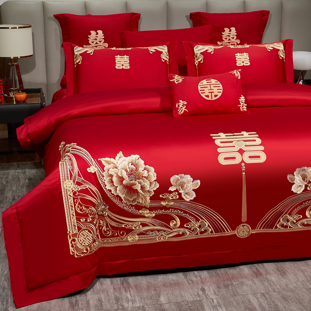 91家纺网 家纺一手货源 找家纺 浩情国际婚庆供货中心 2026新款100%全棉长绒棉纯棉婚庆四件套结婚刺绣六件套多件套长期供货 （提供买家秀） 幸福喜嫁-金