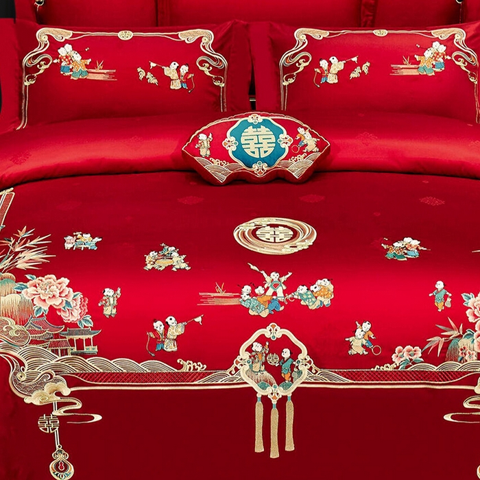 91家纺网 家纺一手货源 找家纺 浩情国际婚庆供货中心 2026新款100%全棉长绒棉纯棉婚庆四件套结婚刺绣六件套多件套长期供货 （提供买家秀） 子孙满堂