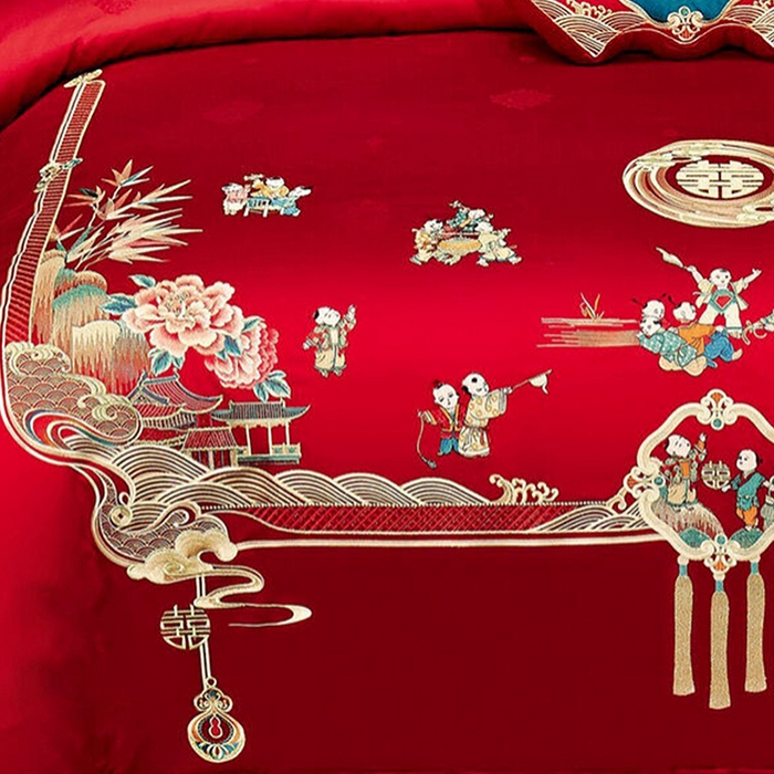 91家纺网 家纺一手货源 找家纺 浩情国际婚庆供货中心 2026新款100%全棉长绒棉纯棉婚庆四件套结婚刺绣六件套多件套长期供货 （提供买家秀） 子孙满堂