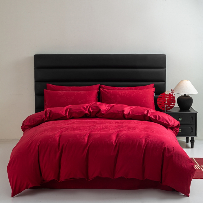 91家纺网 家纺一手货源 找家纺 （总）卧趣家纺 2026新款全棉贡缎提花红色婚庆纯棉四件套