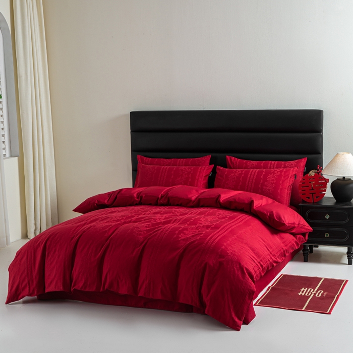 91家纺网 家纺一手货源 找家纺 （总）卧趣家纺 2026新款全棉贡缎提花红色婚庆纯棉四件套