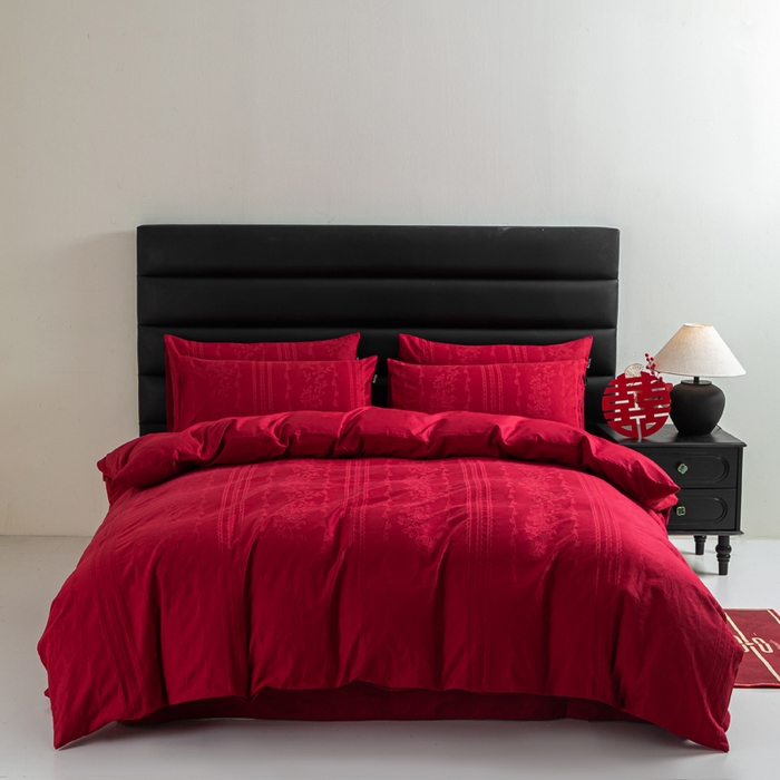 卧趣家纺 2026新款全棉贡缎提花红色婚庆纯棉四件套 花漾甜心-红