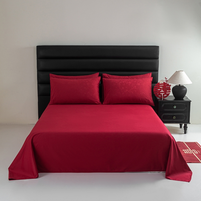 91家纺网 家纺一手货源 找家纺 卧趣家纺 2026新款全棉贡缎提花红色婚庆纯棉四件套 露柯