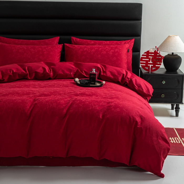 91家纺网 家纺一手货源 找家纺 卧趣家纺 2026新款全棉贡缎提花红色婚庆纯棉四件套 露柯