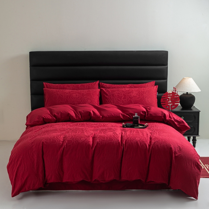 卧趣家纺 2026新款全棉贡缎提花红色婚庆纯棉四件套 玫香