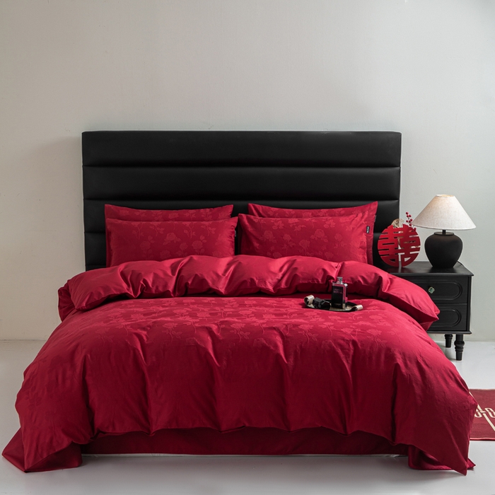 卧趣家纺 2026新款全棉贡缎提花红色婚庆纯棉四件套 岁月留声