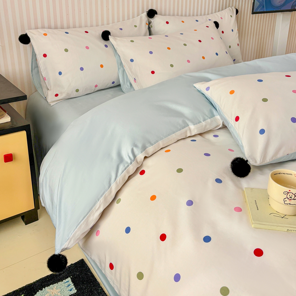 91家纺网 家纺一手货源 找家纺 （总）雅居纺家纺 2026新款50长绒棉波点球球四件套