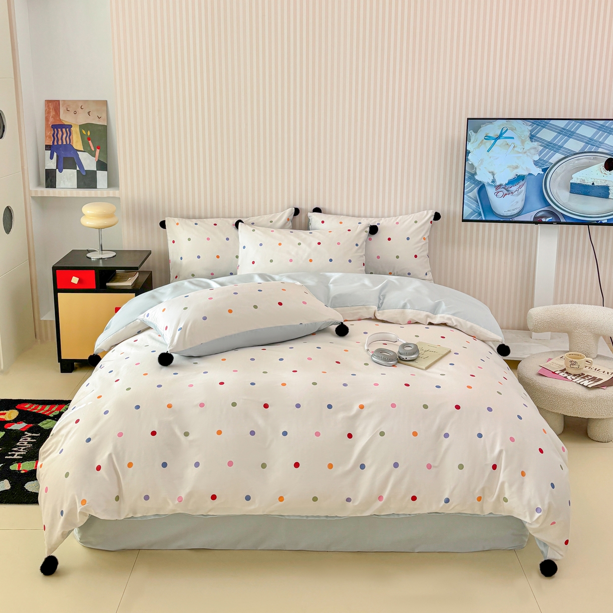 91家纺网 家纺一手货源 找家纺 雅居纺家纺 2026新款50长绒棉波点球球四件套 彩色球球