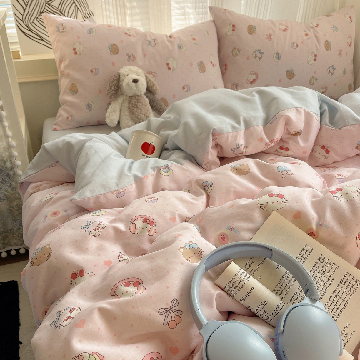 雅居纺家纺 2026新款全棉卡通印花可爱小猫四件套 粉点猫咪