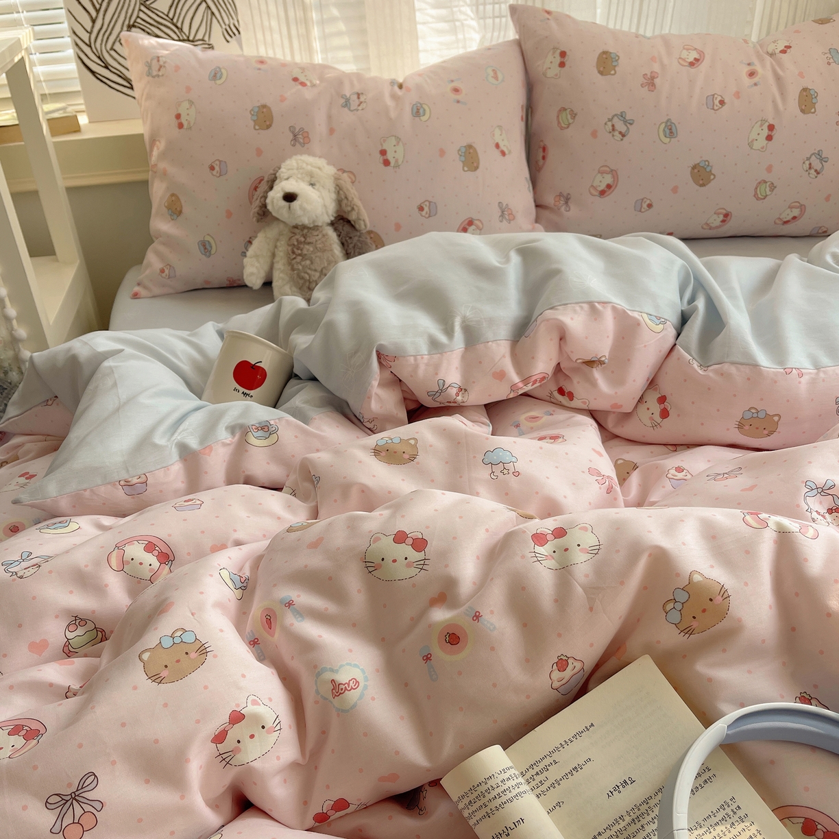 91家纺网 家纺一手货源 找家纺 雅居纺家纺 2026新款全棉卡通印花可爱小猫四件套 粉点猫咪