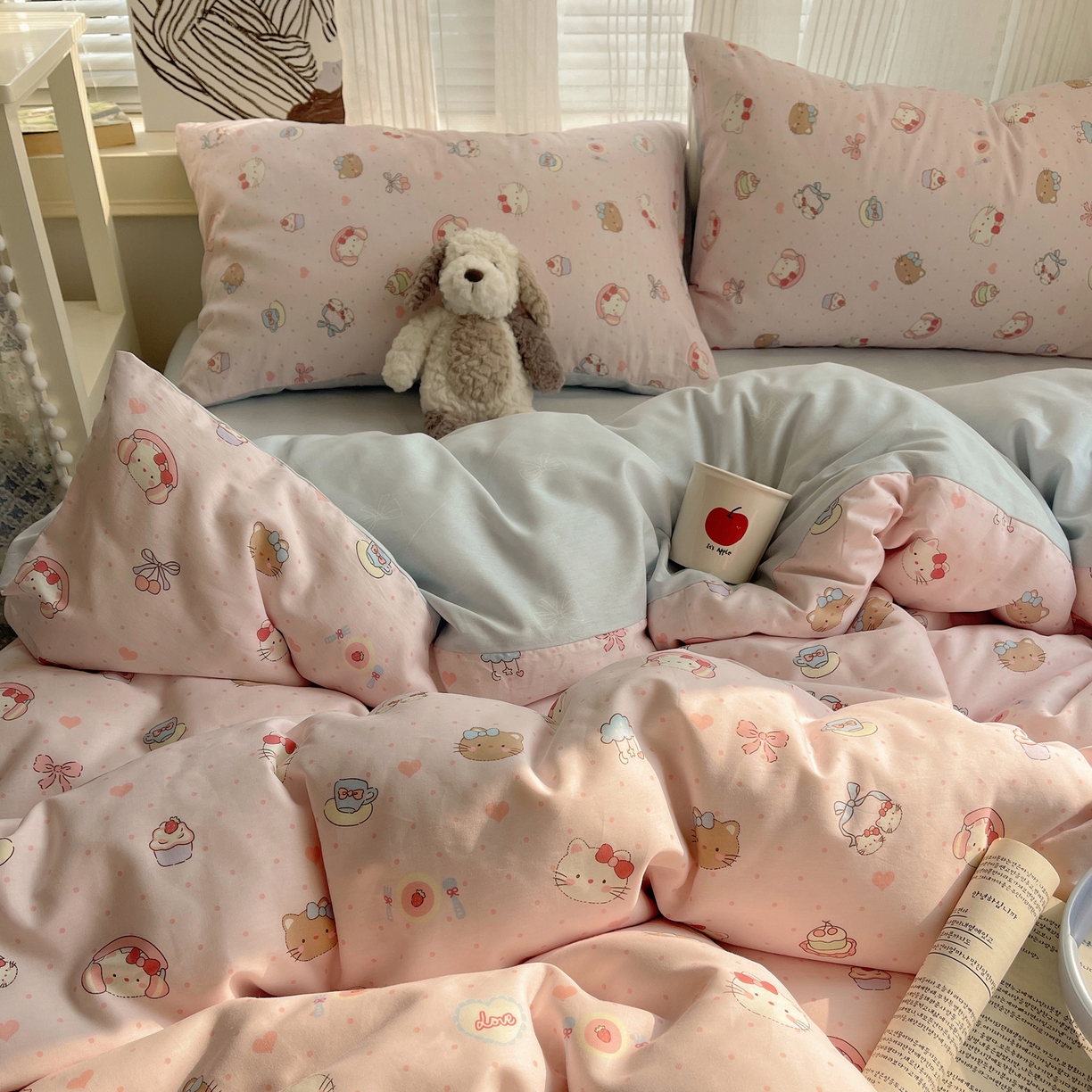 91家纺网 家纺一手货源 找家纺 雅居纺家纺 2026新款全棉卡通印花可爱小猫四件套 粉点猫咪