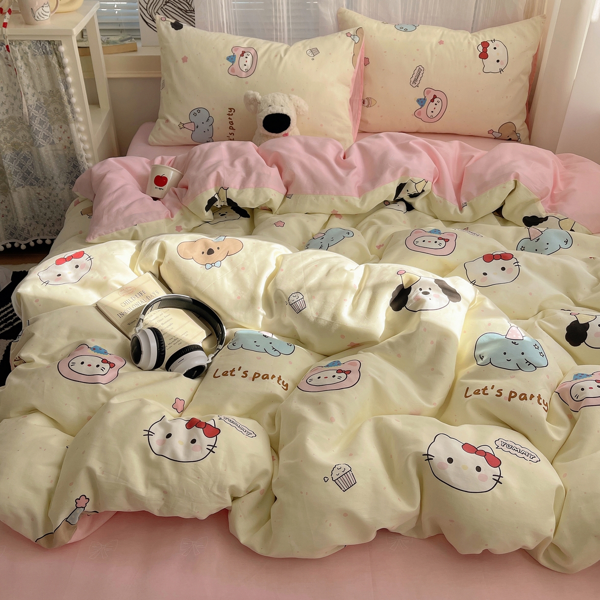 雅居纺家纺 2026新款全棉卡通印花可爱小猫四件套 猫咪伙伴