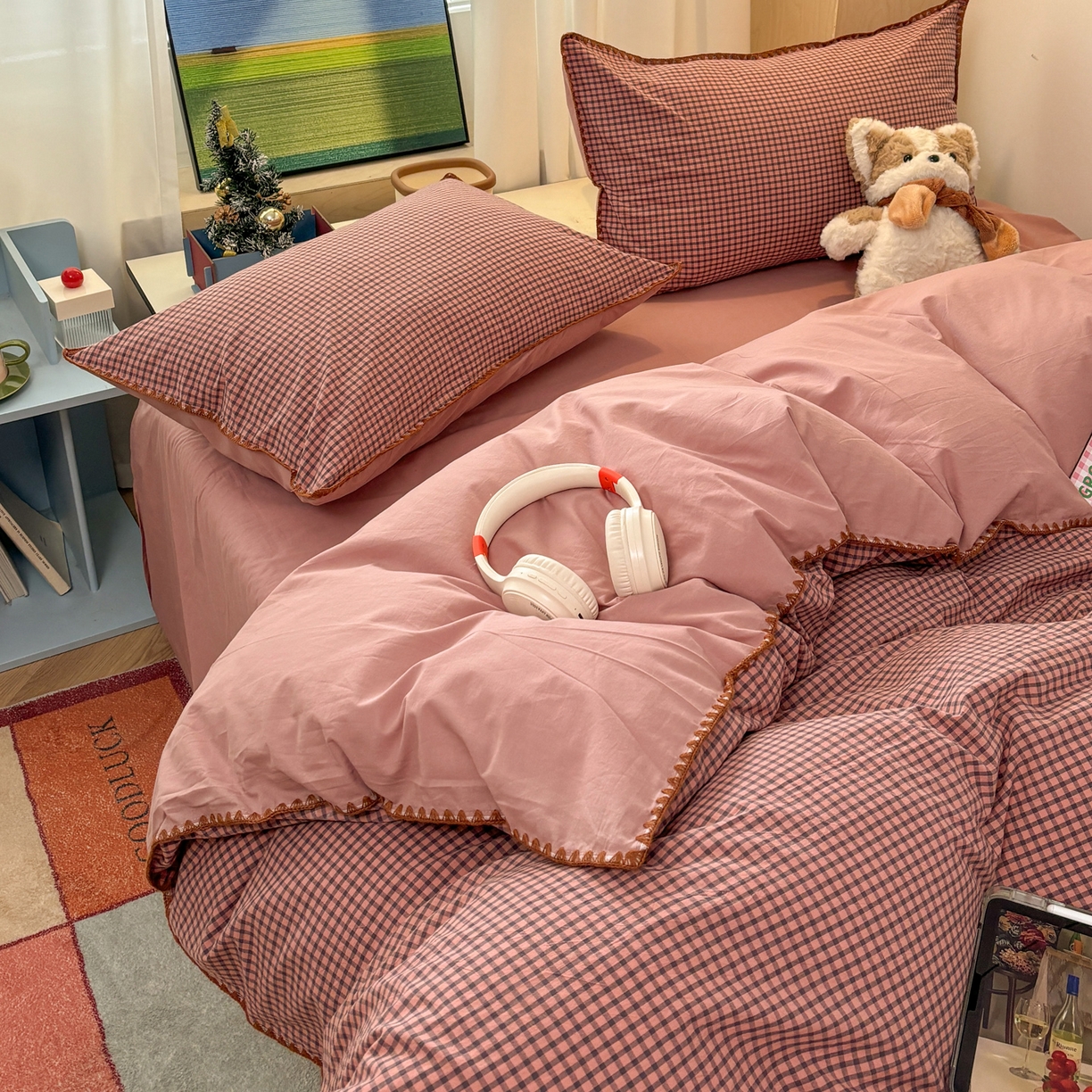 91家纺网 家纺一手货源 找家纺 雅居纺家纺 2026新款全棉色织水洗棉贝壳边四件套 贝壳边-豆沙格