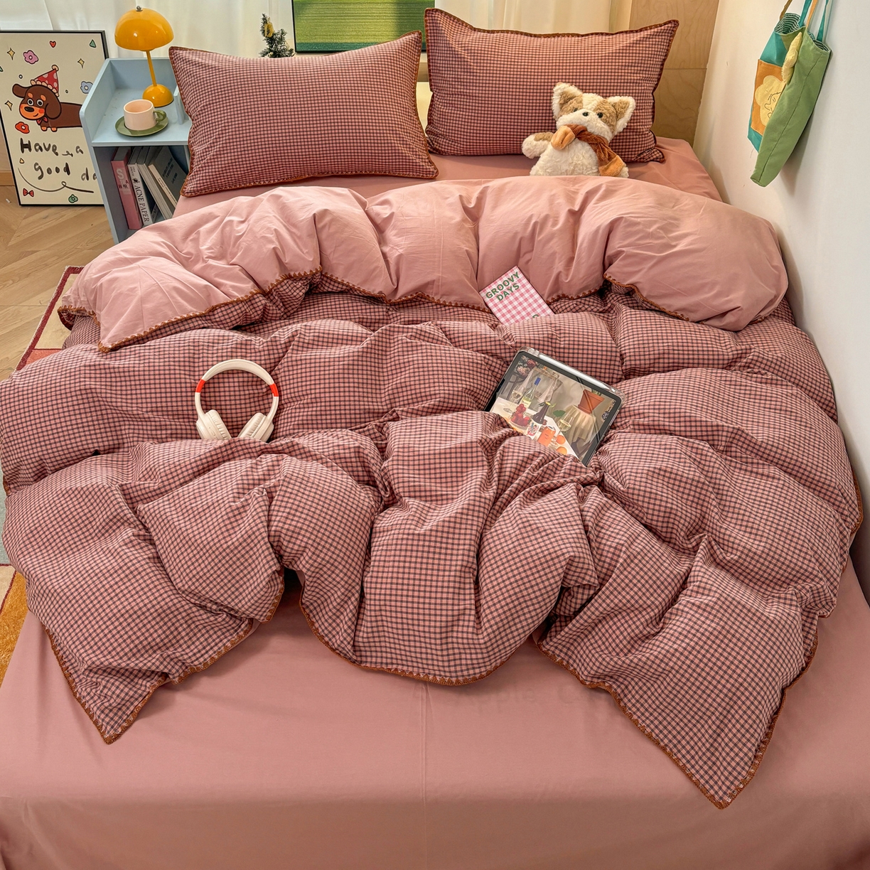 91家纺网 家纺一手货源 找家纺 雅居纺家纺 2026新款全棉色织水洗棉贝壳边四件套 贝壳边-豆沙格