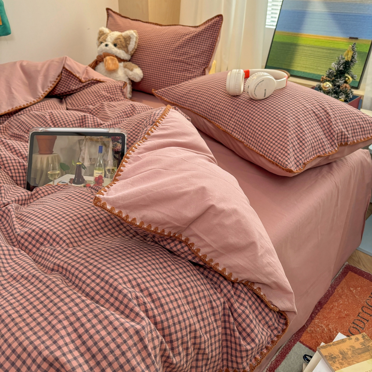 91家纺网 家纺一手货源 找家纺 雅居纺家纺 2026新款全棉色织水洗棉贝壳边四件套 贝壳边-豆沙格