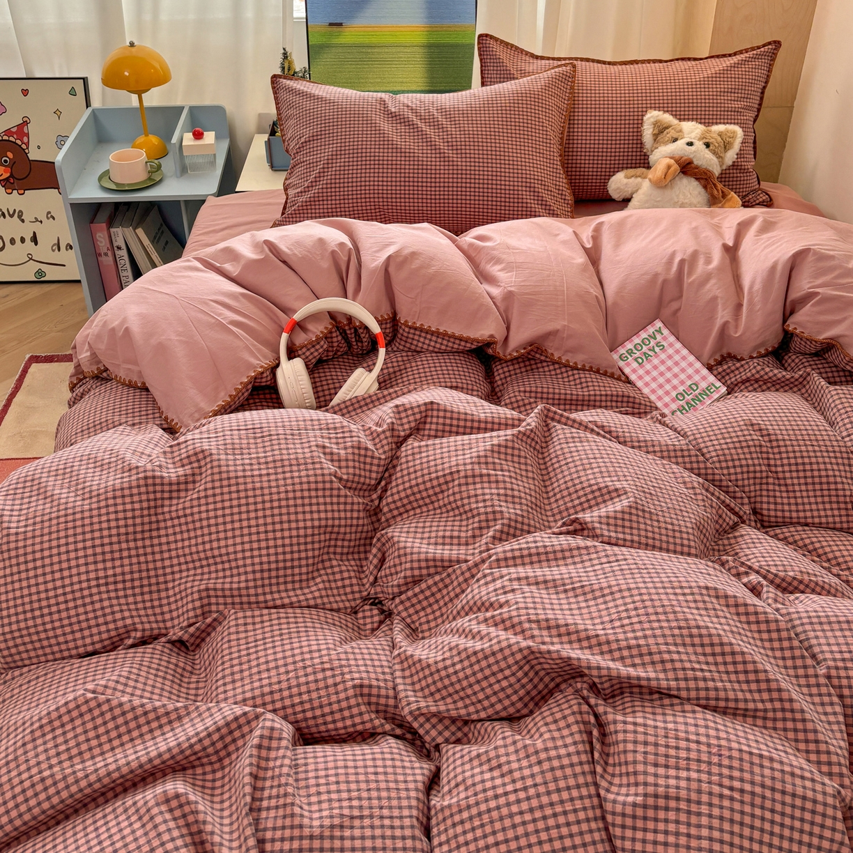 91家纺网 家纺一手货源 找家纺 雅居纺家纺 2026新款全棉色织水洗棉贝壳边四件套 贝壳边-豆沙格