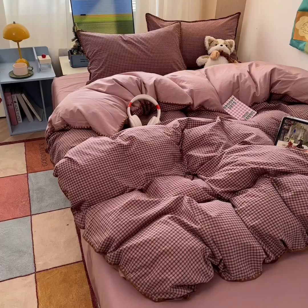 91家纺网 家纺一手货源 找家纺 雅居纺家纺 2026新款全棉色织水洗棉贝壳边四件套 贝壳边-豆沙格