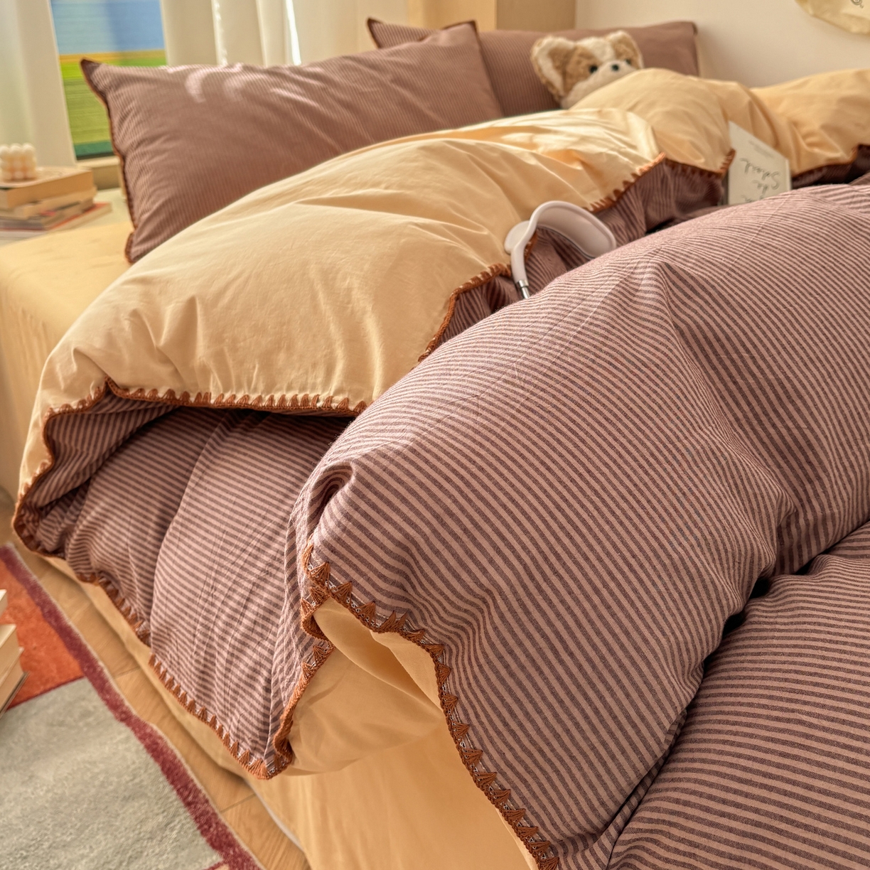 雅居纺家纺 2026新款全棉色织水洗棉贝壳边四件套 贝壳边-豆沙密条