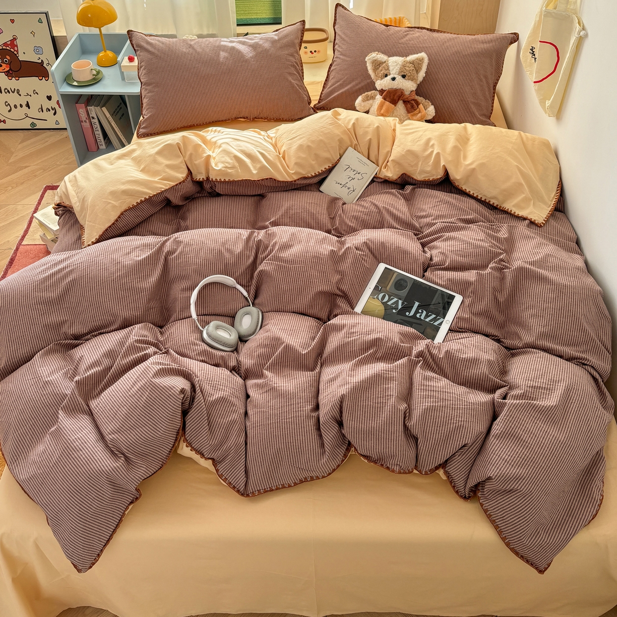 91家纺网 家纺一手货源 找家纺 雅居纺家纺 2026新款全棉色织水洗棉贝壳边四件套 贝壳边-豆沙密条