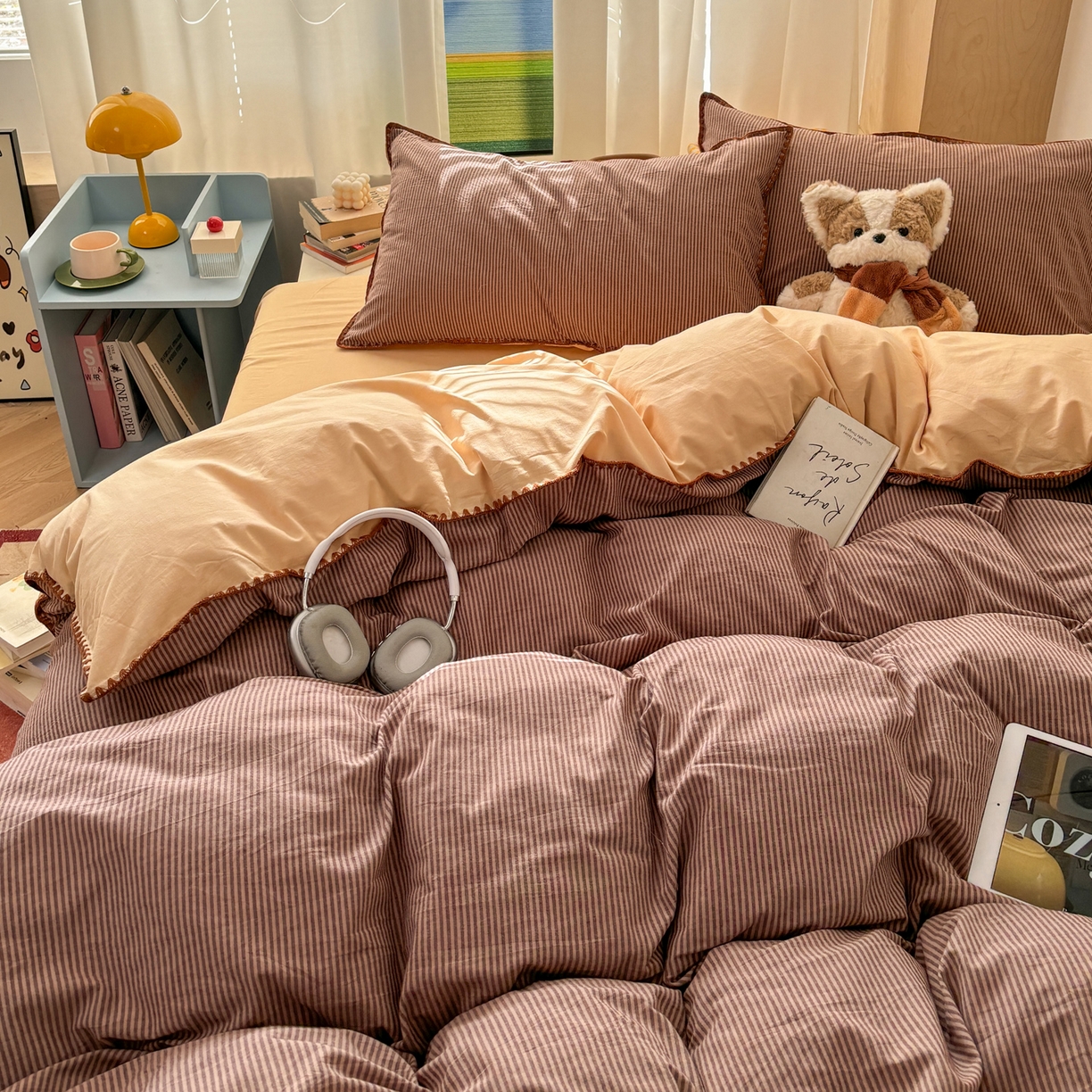 91家纺网 家纺一手货源 找家纺 雅居纺家纺 2026新款全棉色织水洗棉贝壳边四件套 贝壳边-豆沙密条