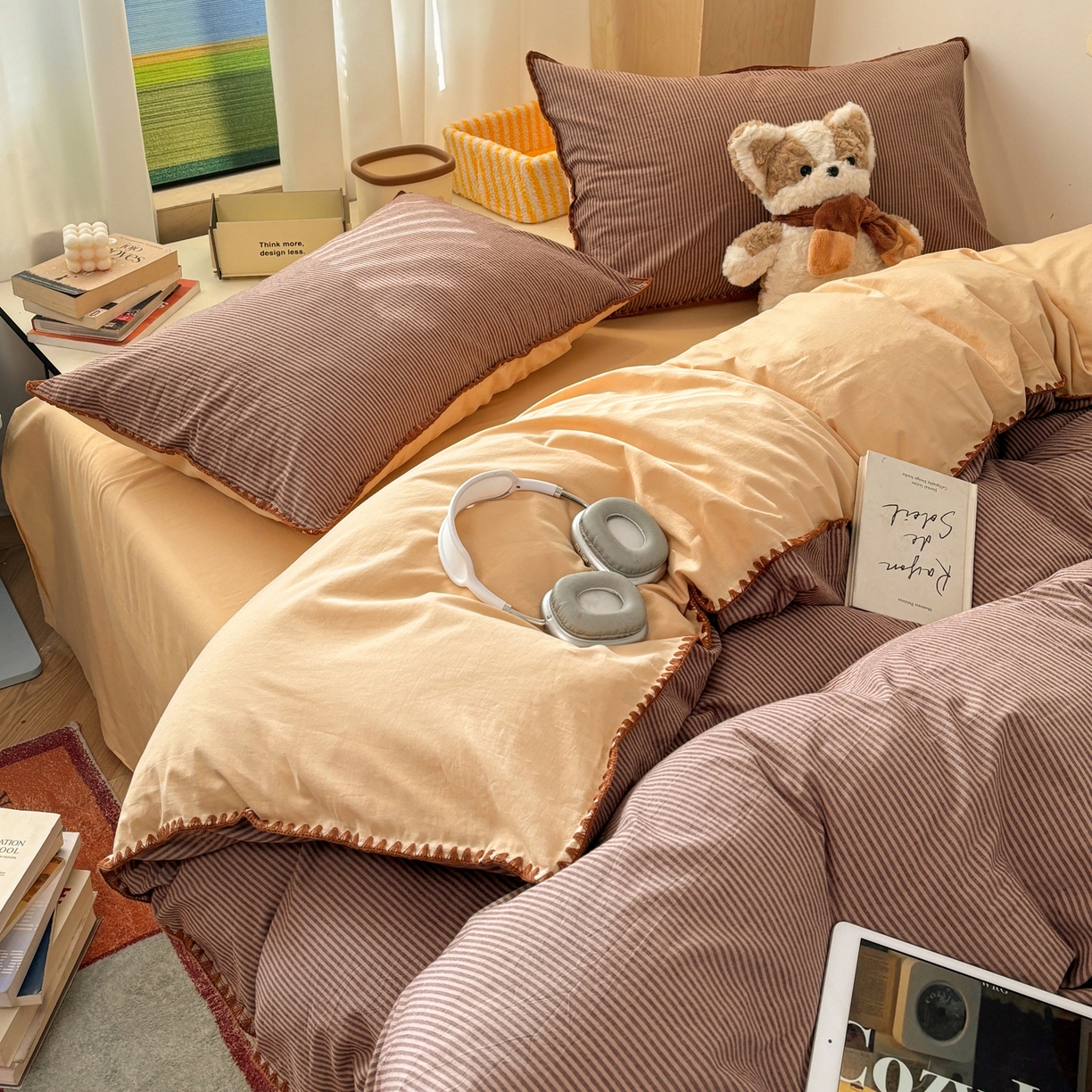 91家纺网 家纺一手货源 找家纺 雅居纺家纺 2026新款全棉色织水洗棉贝壳边四件套 贝壳边-豆沙密条