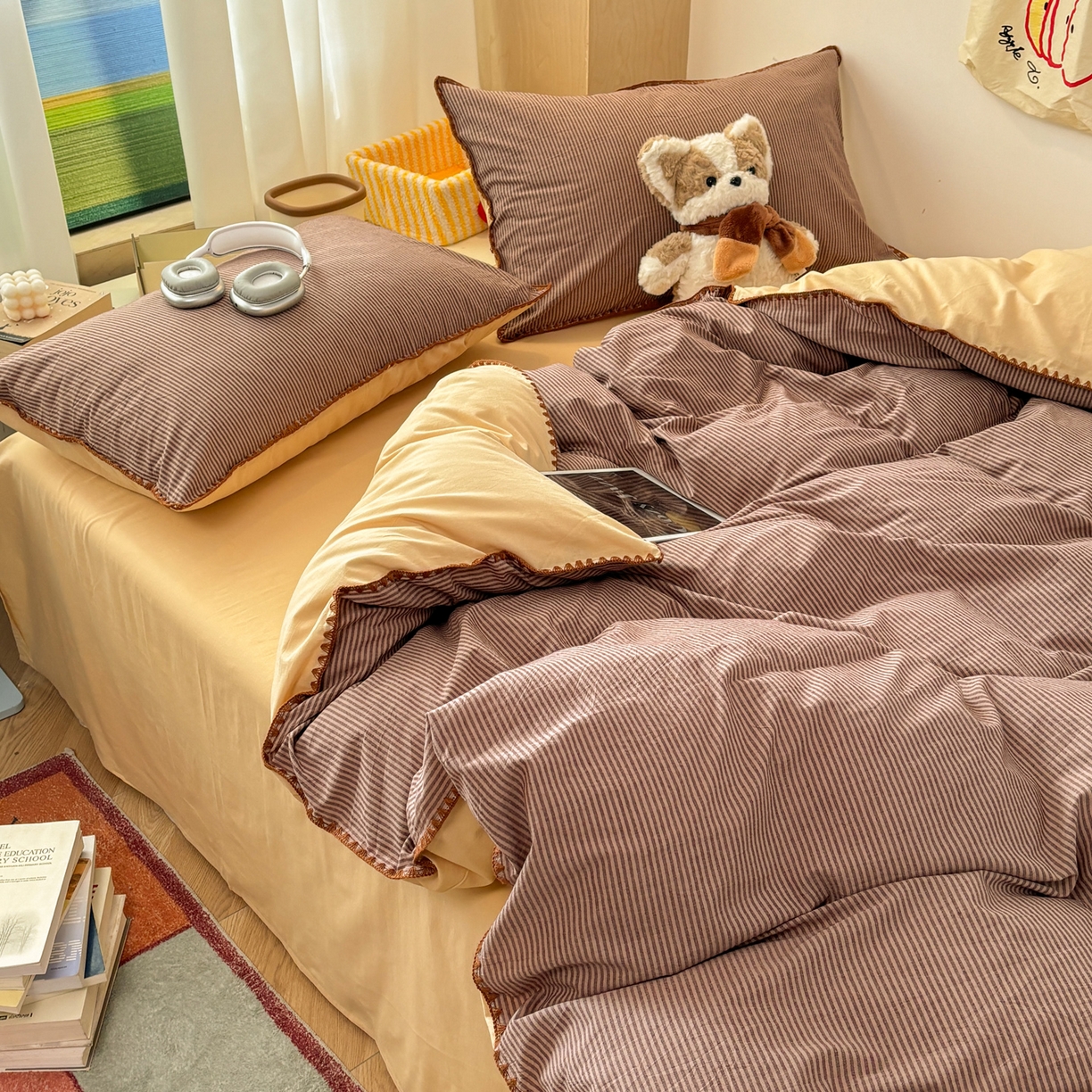 91家纺网 家纺一手货源 找家纺 雅居纺家纺 2026新款全棉色织水洗棉贝壳边四件套 贝壳边-豆沙密条