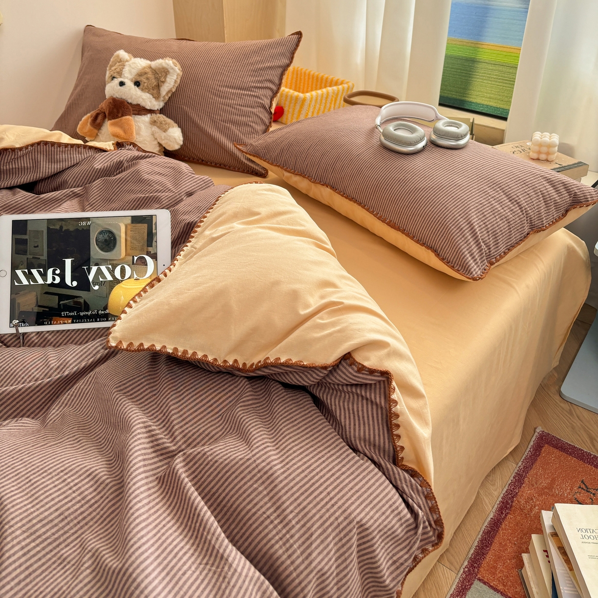 91家纺网 家纺一手货源 找家纺 雅居纺家纺 2026新款全棉色织水洗棉贝壳边四件套 贝壳边-豆沙密条