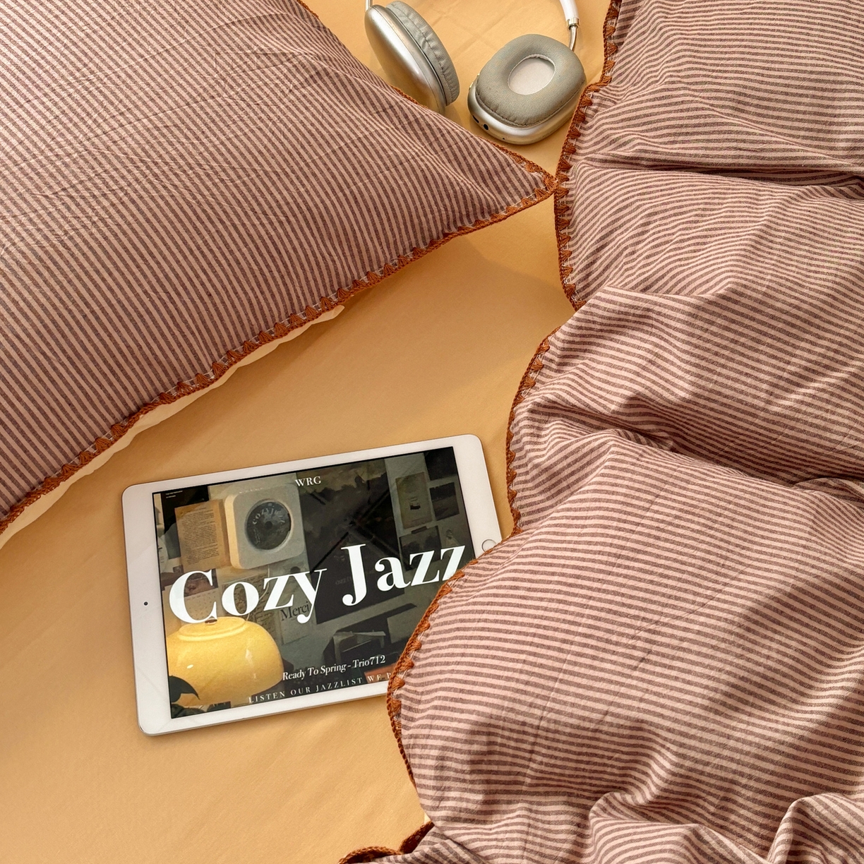 91家纺网 家纺一手货源 找家纺 雅居纺家纺 2026新款全棉色织水洗棉贝壳边四件套 贝壳边-豆沙密条