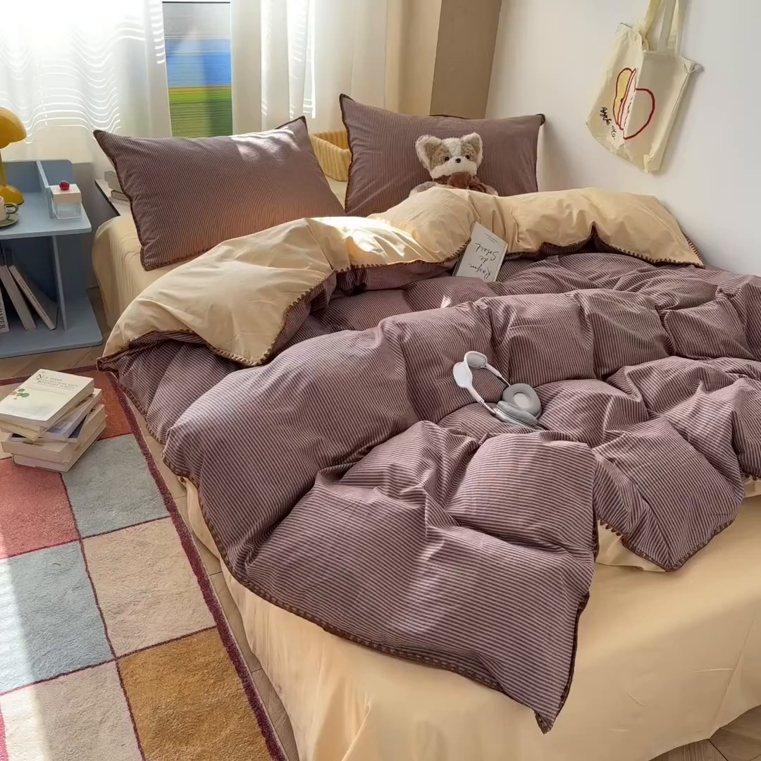 91家纺网 家纺一手货源 找家纺 雅居纺家纺 2026新款全棉色织水洗棉贝壳边四件套 贝壳边-豆沙密条