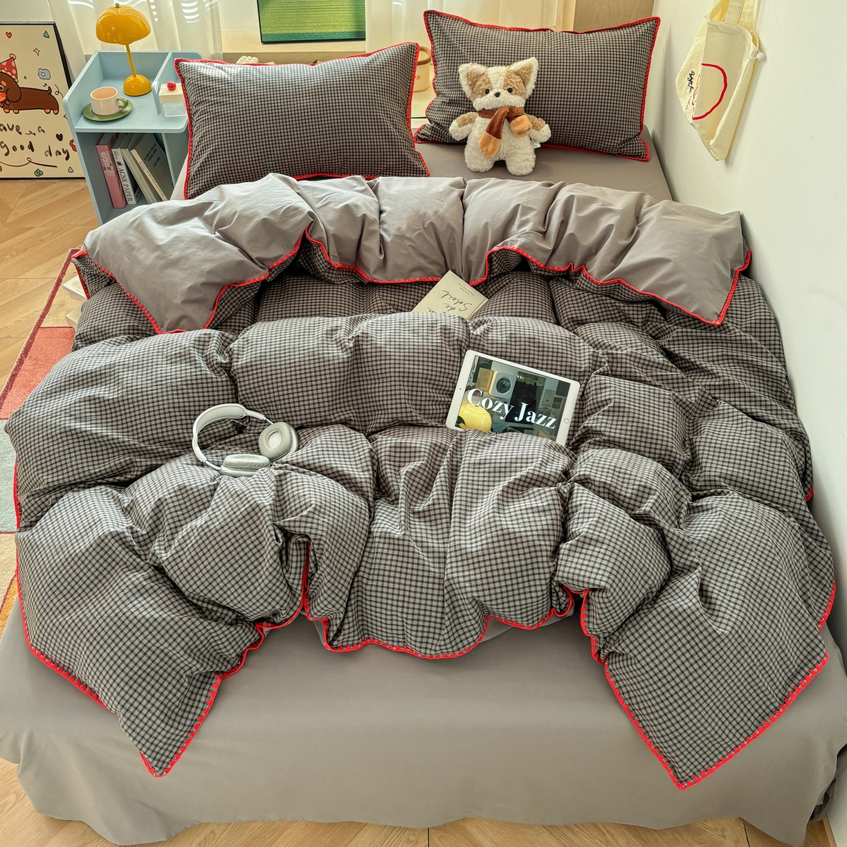 91家纺网 家纺一手货源 找家纺 雅居纺家纺 2026新款全棉色织水洗棉贝壳边四件套 贝壳边-灰小格