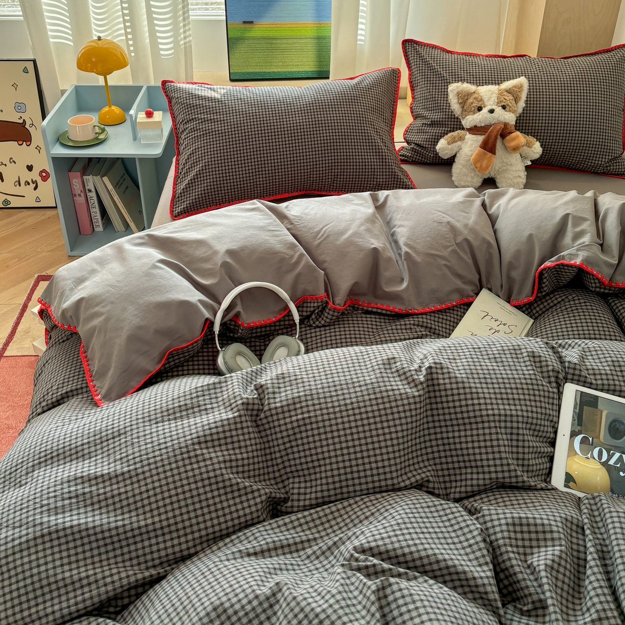 91家纺网 家纺一手货源 找家纺 雅居纺家纺 2026新款全棉色织水洗棉贝壳边四件套 贝壳边-灰小格