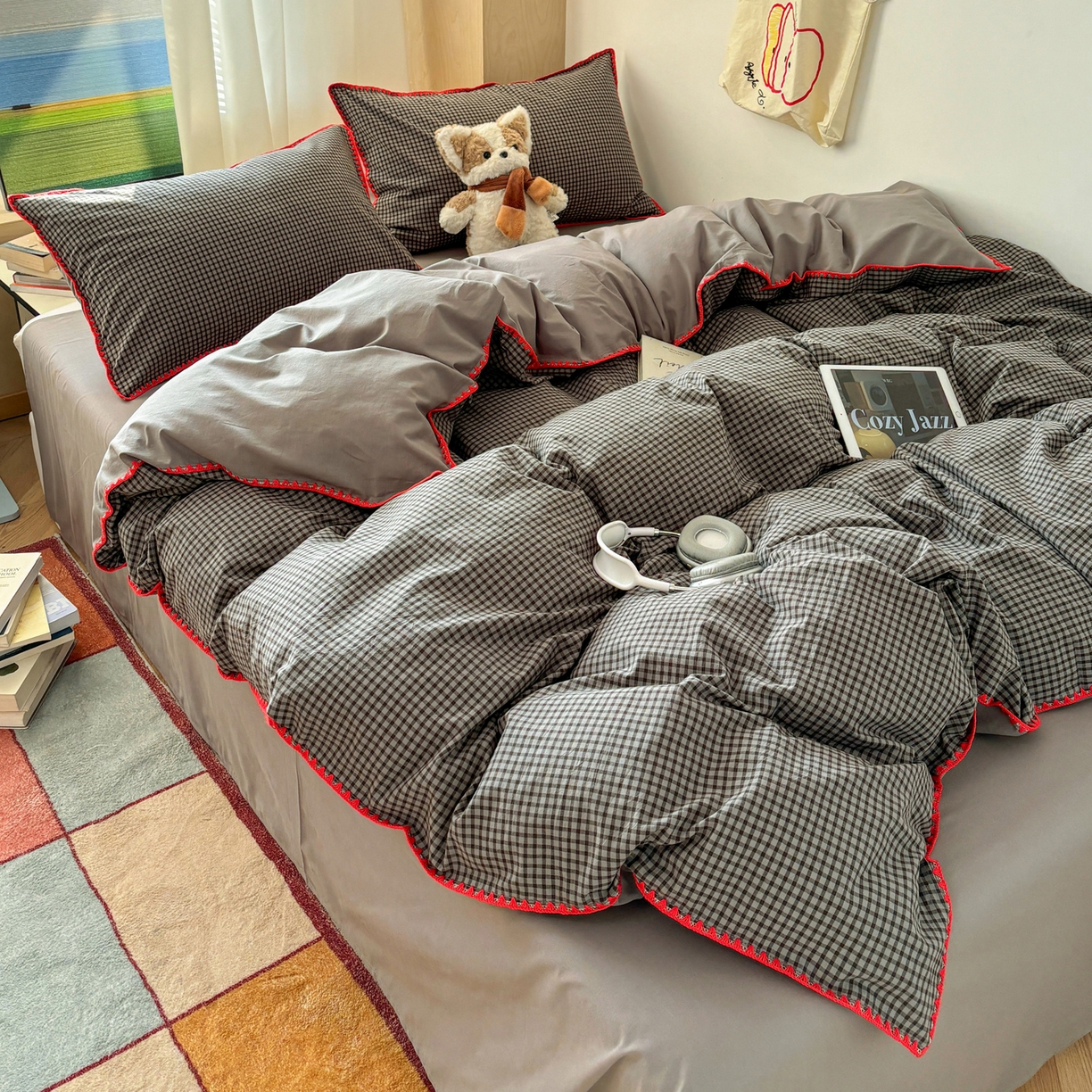 91家纺网 家纺一手货源 找家纺 雅居纺家纺 2026新款全棉色织水洗棉贝壳边四件套 贝壳边-灰小格