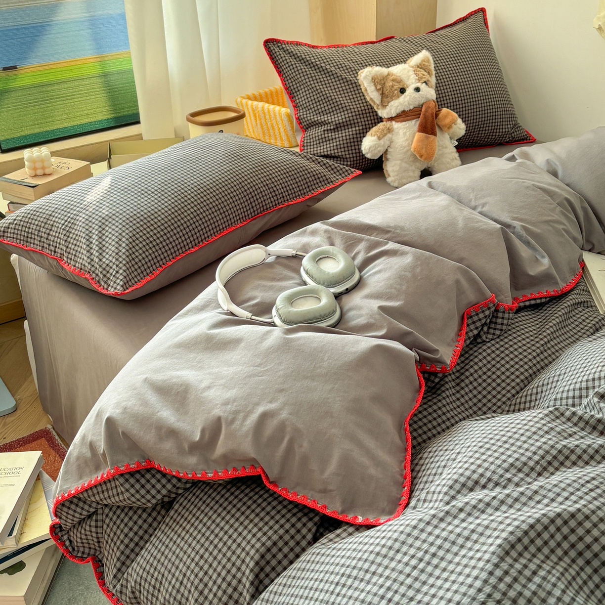 91家纺网 家纺一手货源 找家纺 雅居纺家纺 2026新款全棉色织水洗棉贝壳边四件套 贝壳边-灰小格