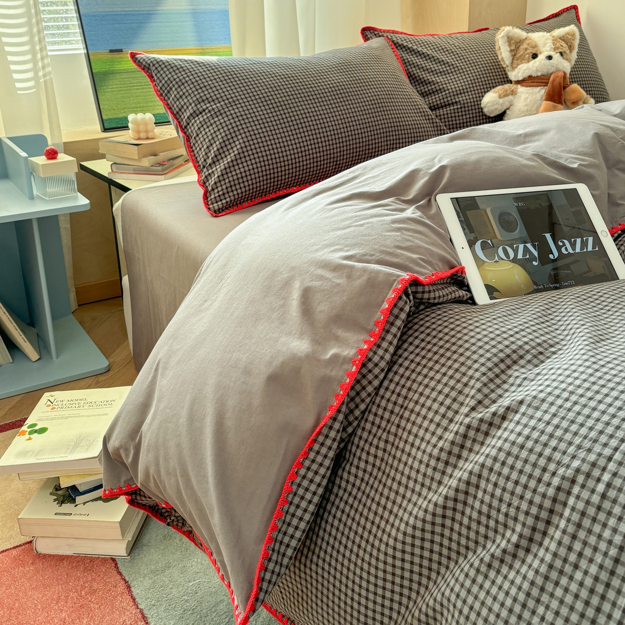 91家纺网 家纺一手货源 找家纺 雅居纺家纺 2026新款全棉色织水洗棉贝壳边四件套 贝壳边-灰小格