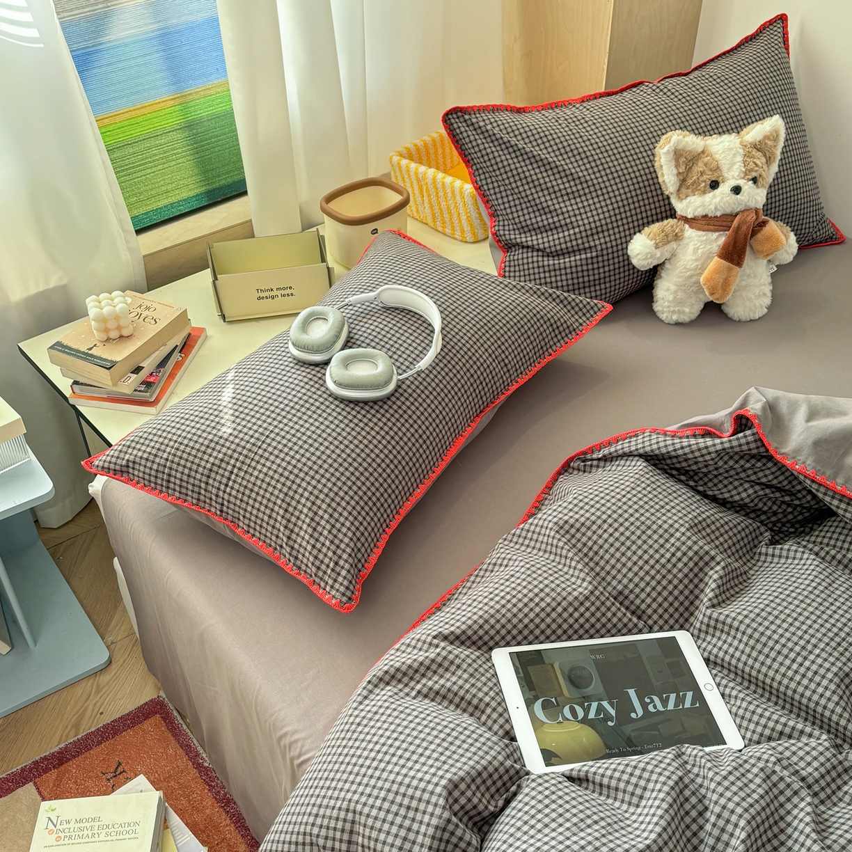 91家纺网 家纺一手货源 找家纺 雅居纺家纺 2026新款全棉色织水洗棉贝壳边四件套 贝壳边-灰小格