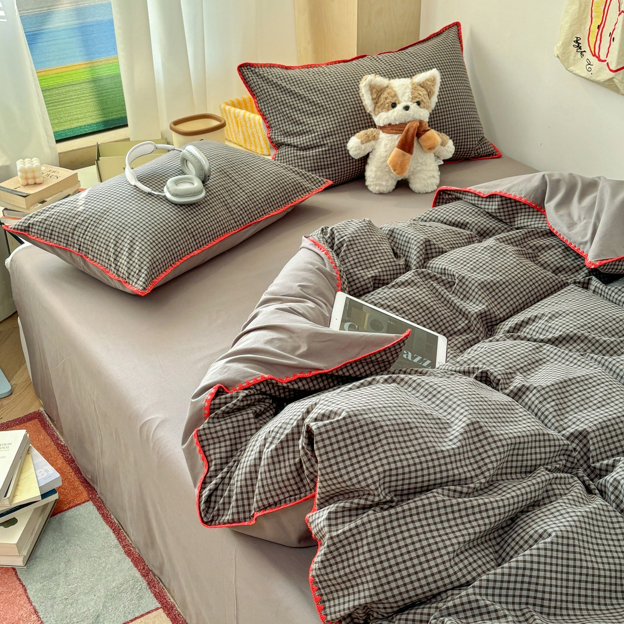 91家纺网 家纺一手货源 找家纺 雅居纺家纺 2026新款全棉色织水洗棉贝壳边四件套 贝壳边-灰小格