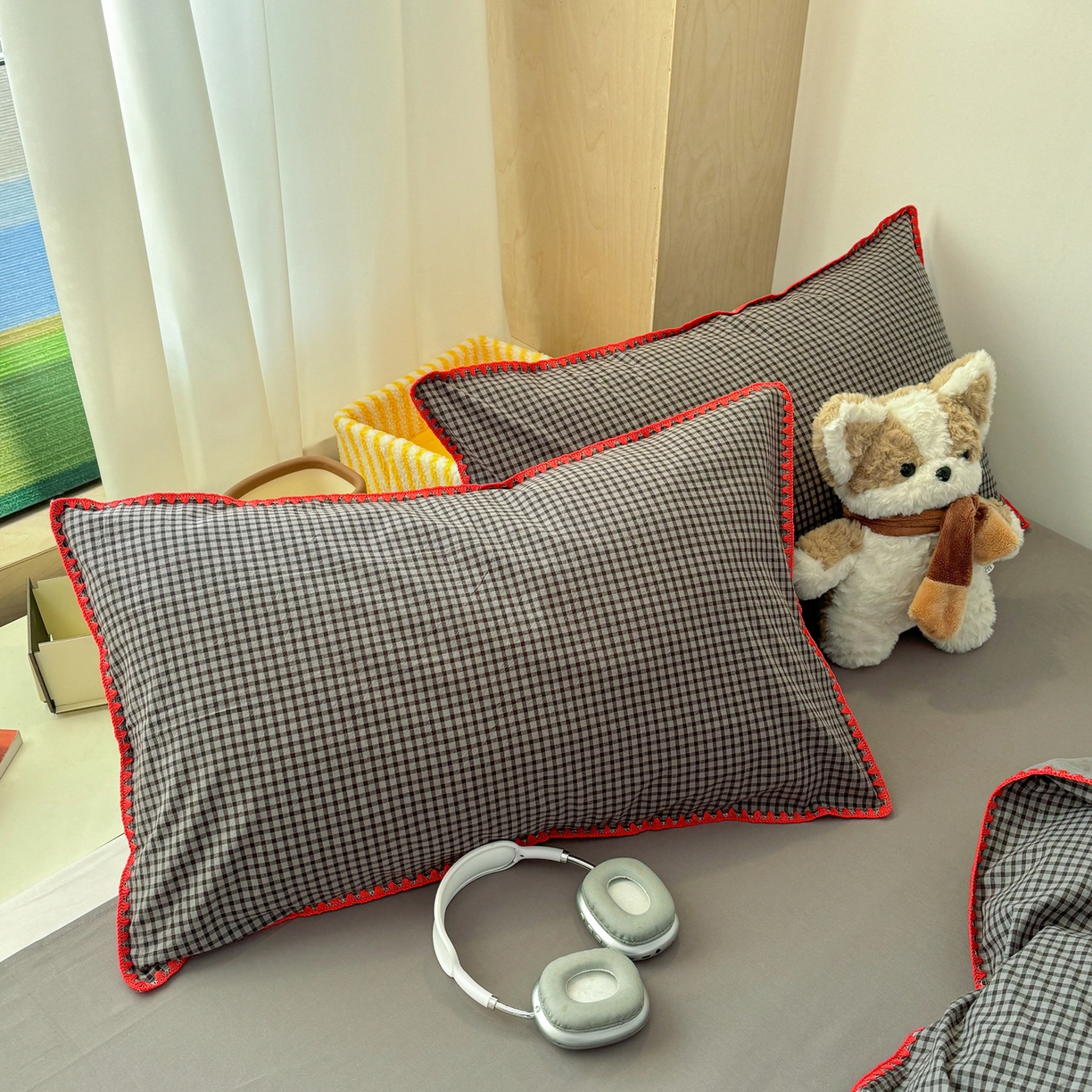 91家纺网 家纺一手货源 找家纺 雅居纺家纺 2026新款全棉色织水洗棉贝壳边四件套 贝壳边-灰小格