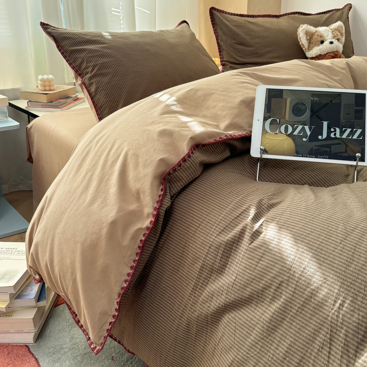 91家纺网 家纺一手货源 找家纺 雅居纺家纺 2026新款全棉色织水洗棉贝壳边四件套 贝壳边-卡其密条