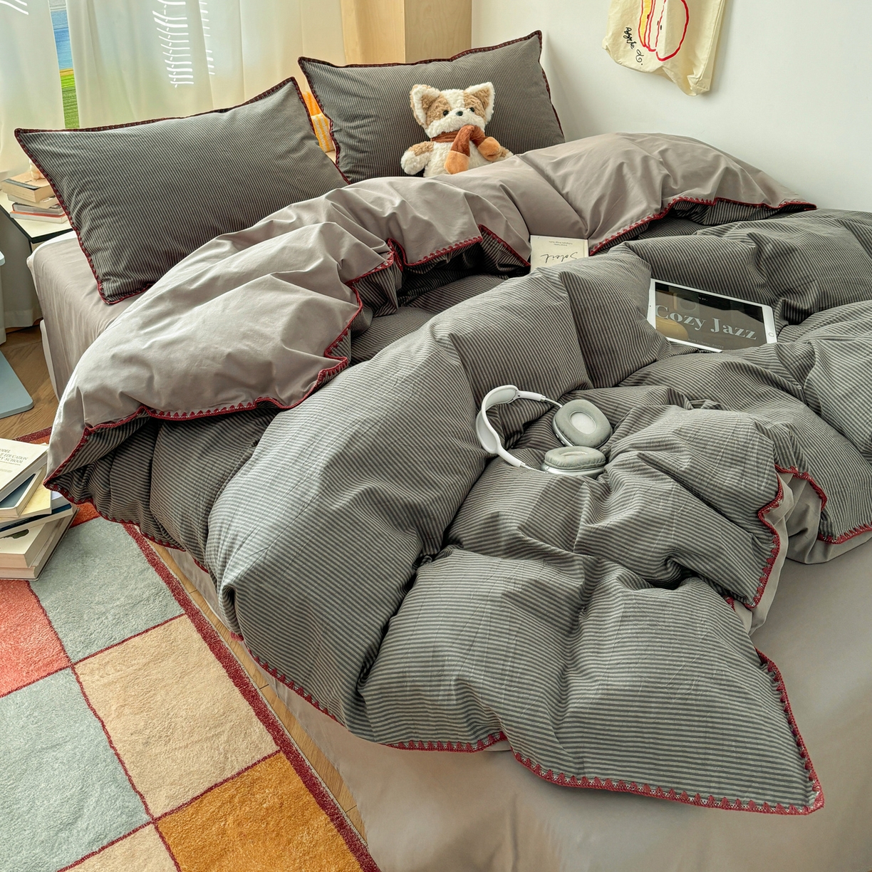 91家纺网 家纺一手货源 找家纺 雅居纺家纺 2026新款全棉色织水洗棉贝壳边四件套 贝壳边-浅灰密条