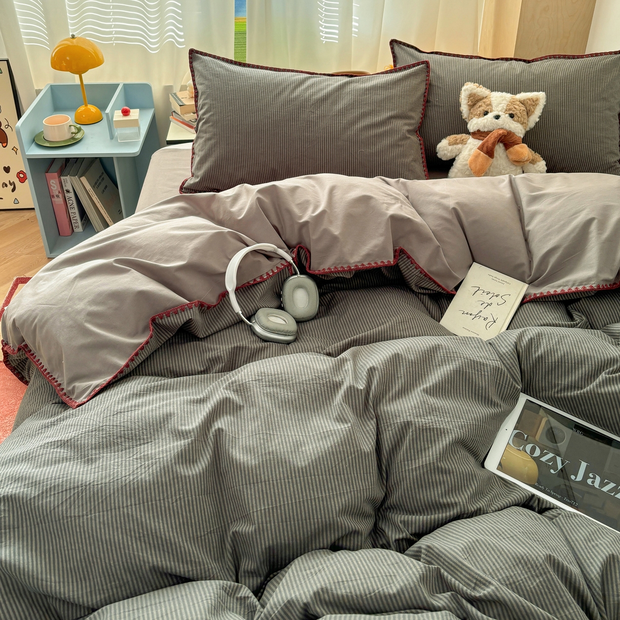 91家纺网 家纺一手货源 找家纺 雅居纺家纺 2026新款全棉色织水洗棉贝壳边四件套 贝壳边-浅灰密条