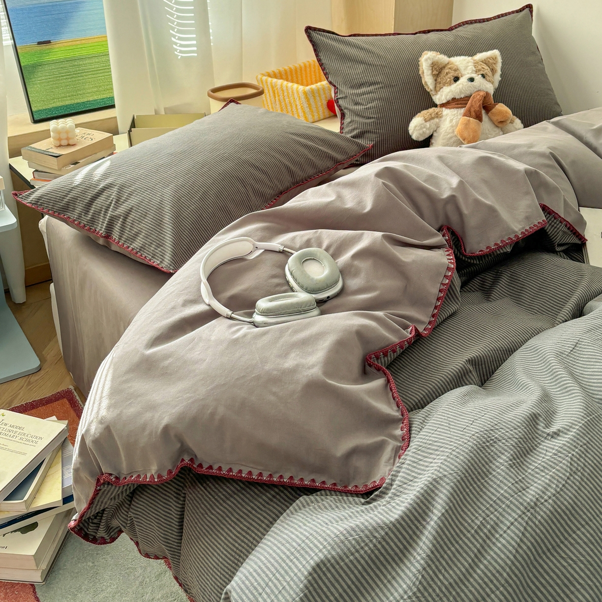 91家纺网 家纺一手货源 找家纺 雅居纺家纺 2026新款全棉色织水洗棉贝壳边四件套 贝壳边-浅灰密条