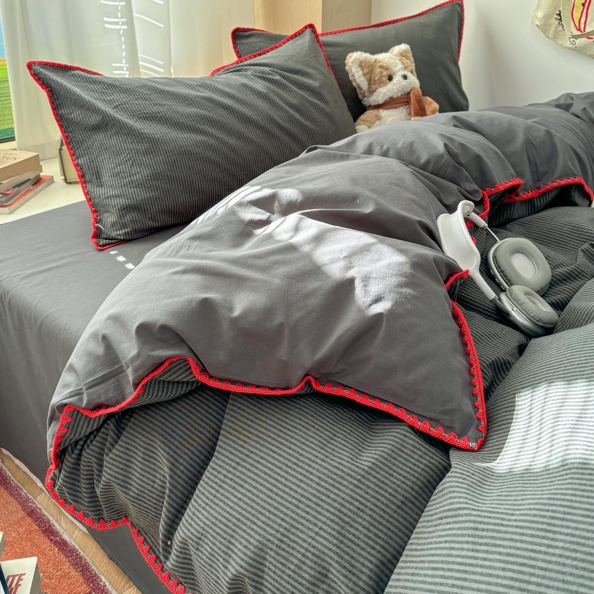 雅居纺家纺 2026新款全棉色织水洗棉贝壳边四件套 贝壳边-深灰密条