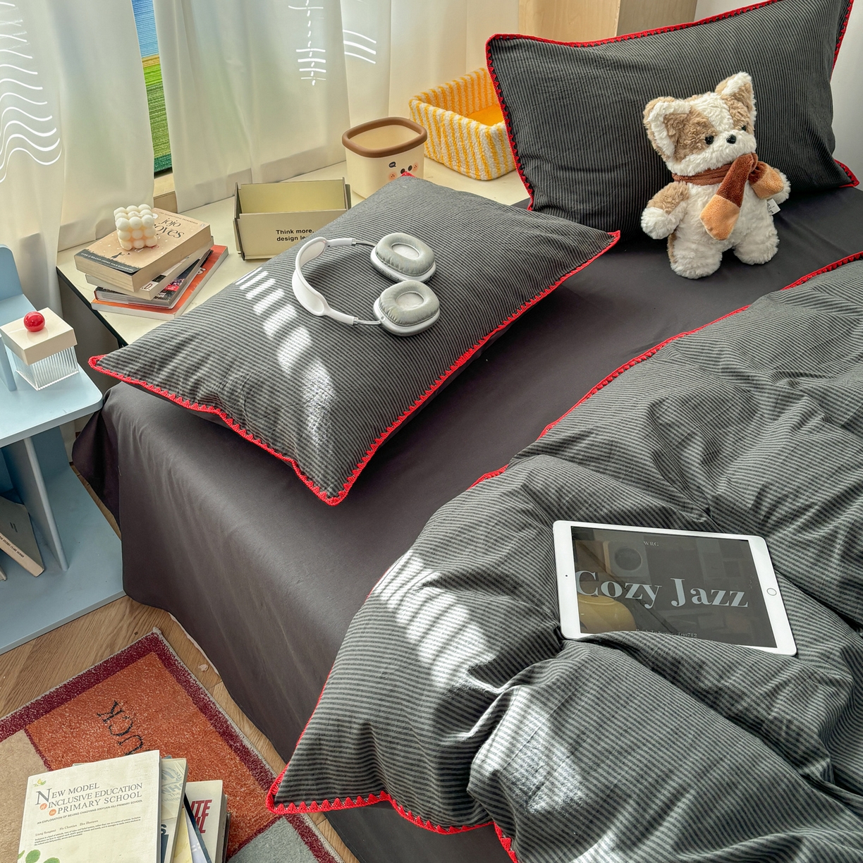 91家纺网 家纺一手货源 找家纺 雅居纺家纺 2026新款全棉色织水洗棉贝壳边四件套 贝壳边-深灰密条