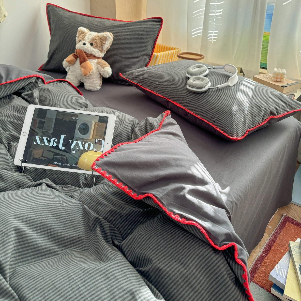 91家纺网 家纺一手货源 找家纺 雅居纺家纺 2026新款全棉色织水洗棉贝壳边四件套 贝壳边-深灰密条