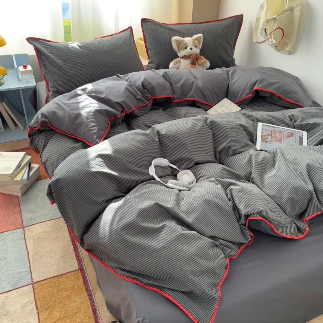 91家纺网 家纺一手货源 找家纺 雅居纺家纺 2026新款全棉色织水洗棉贝壳边四件套 贝壳边-深灰密条