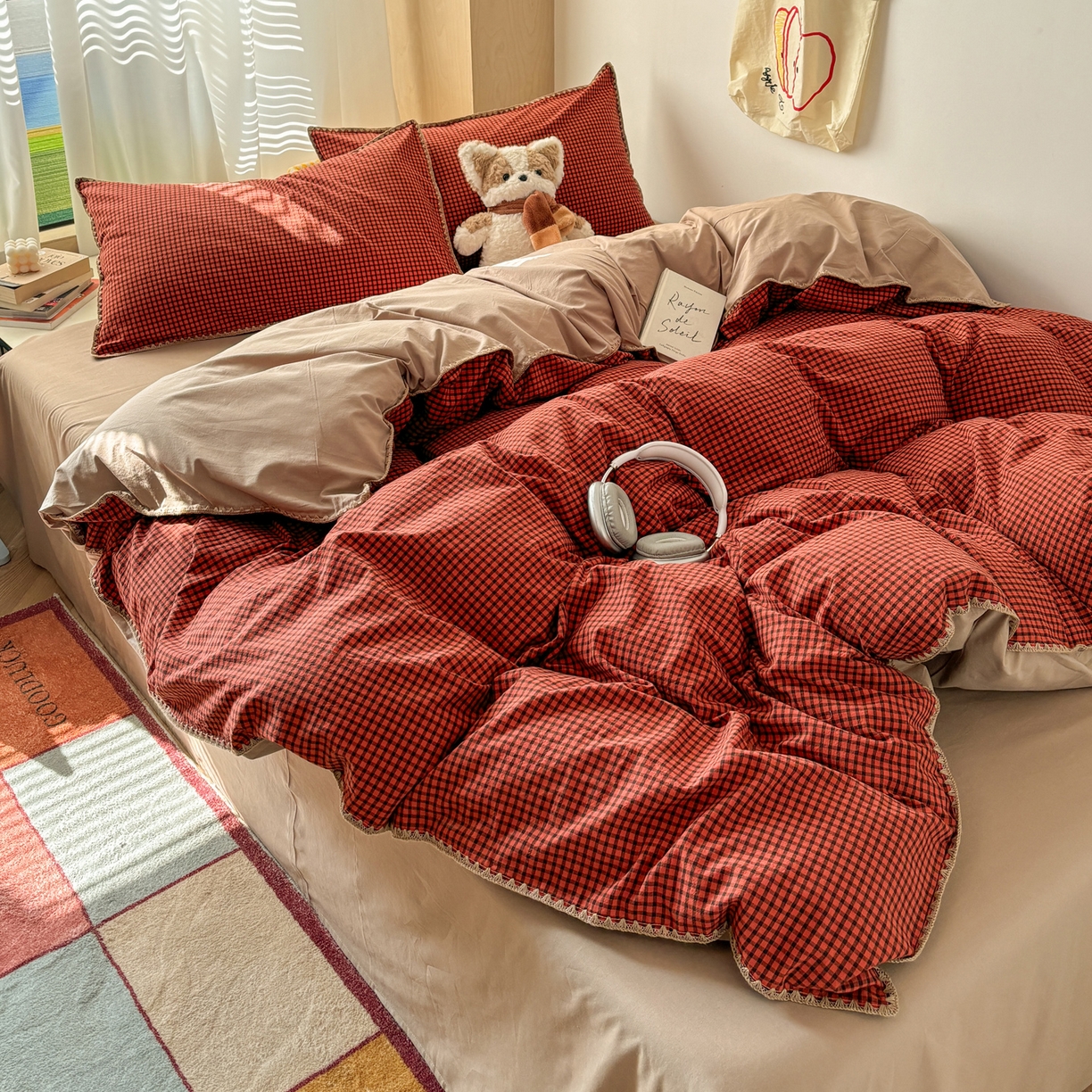 91家纺网 家纺一手货源 找家纺 雅居纺家纺 2026新款全棉色织水洗棉贝壳边四件套 贝壳边-苏桃红格