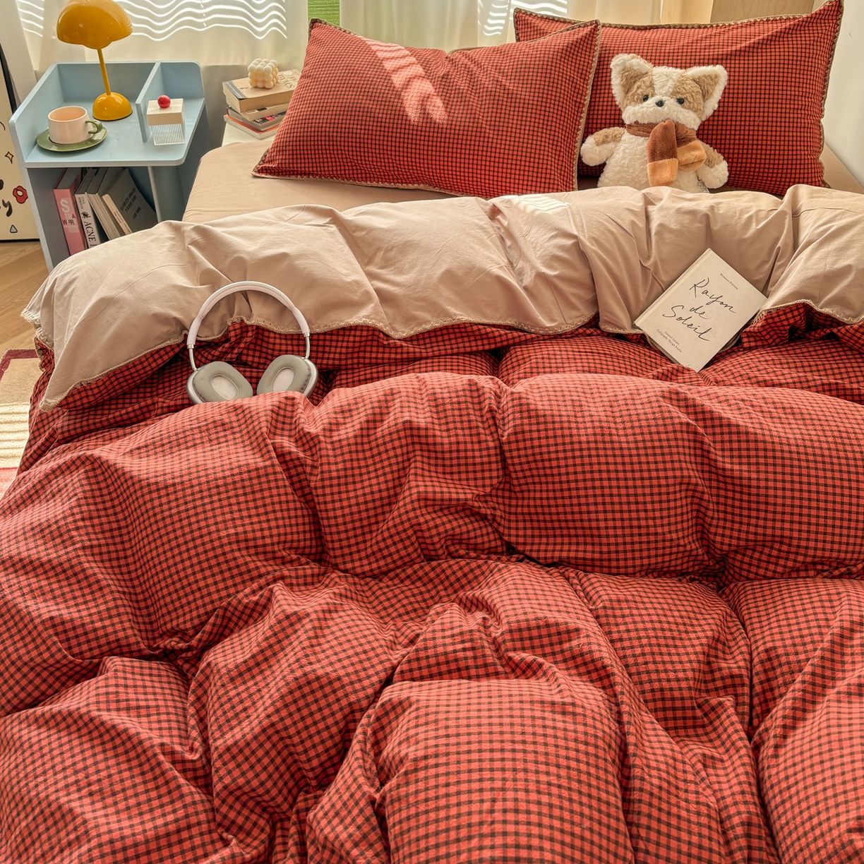 91家纺网 家纺一手货源 找家纺 雅居纺家纺 2026新款全棉色织水洗棉贝壳边四件套 贝壳边-苏桃红格