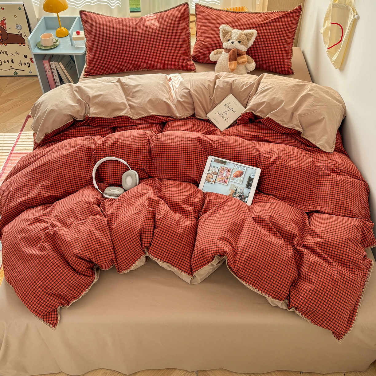 91家纺网 家纺一手货源 找家纺 雅居纺家纺 2026新款全棉色织水洗棉贝壳边四件套 贝壳边-苏桃红格