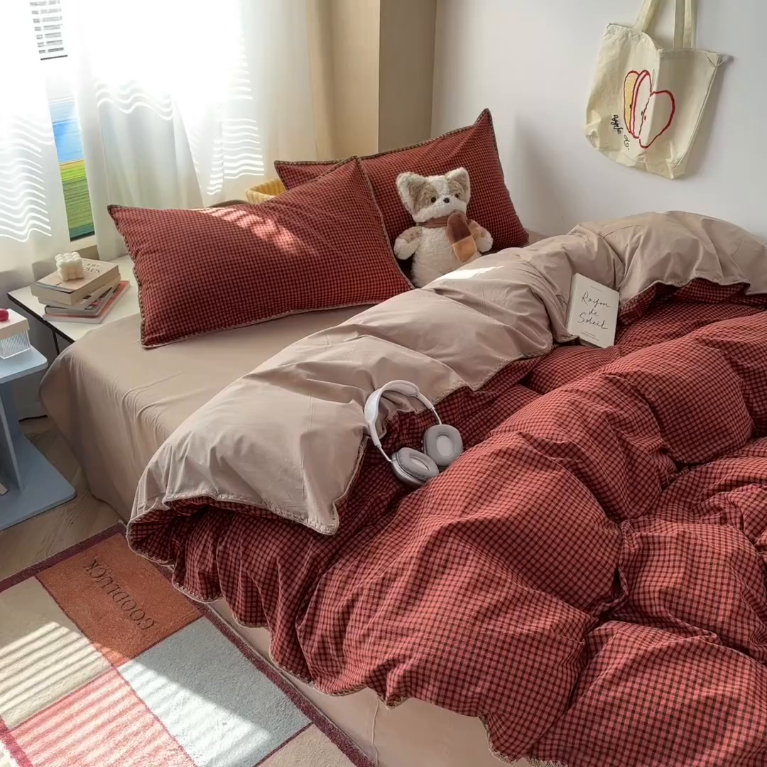 91家纺网 家纺一手货源 找家纺 雅居纺家纺 2026新款全棉色织水洗棉贝壳边四件套 贝壳边-苏桃红格